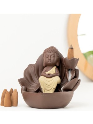 Mitr Zen Oturan Buddha Geri Akışlı Şelale Tütsülük (Kahverengi):