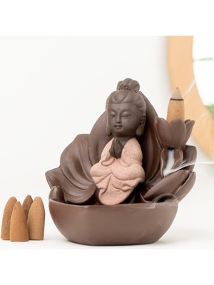 Mitr Zen Oturan Buddha Geri Akışlı Şelale Tütsülük (Kahve)