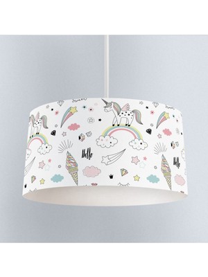 Woodhub Beyaz Çocuk Odası Sarkıt Avize Ünicorn Desenli - Abajur Avize