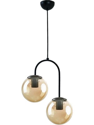 Woodhub Siyah Janin Modern Salon - Mutfak - Yatak Odası Sarkıt Siyah Gövde Bal Cam 2 Li Avize Metal E27 2