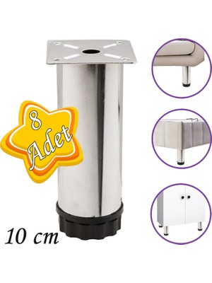 Glaswen 8 Adet Metal Ayarlanabilir 10 cm Krom Destek Ayağı Mobilya Kanepe Baza Koltuk Dolap Sehpa Tv Ünitesi Ayağı