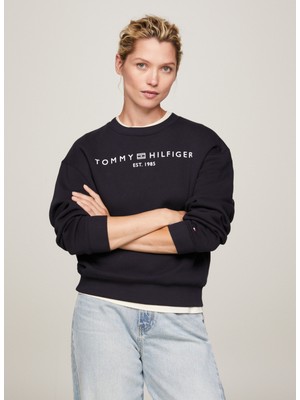 Tommy Hilfiger Bisiklet Yaka Baskılı Lacivert Kadın Sweatshırt Mdrn Reg Corp Logo C-Nk Swtshrt