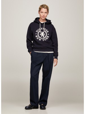 Tommy Hilfiger Kapüşon Yaka Nakışlı Lacivert Kadın Sweatshırt Reg Crest Hoodıe