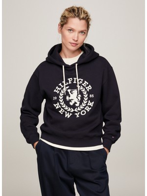 Tommy Hilfiger Kapüşon Yaka Nakışlı Lacivert Kadın Sweatshırt Reg Crest Hoodıe