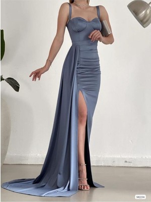 Woolnclyde Kadın Beyaz Kalp Yaka Omzu Açık Askılı Glop Yırtmaçlı Balık Uzun Maxi Boy Saten Kumaş Abiye Elbise