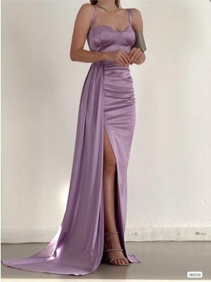 Woolnclyde Kadın Beyaz Kalp Yaka Omzu Açık Askılı Glop Yırtmaçlı Balık Uzun Maxi Boy Saten Kumaş Abiye Elbise