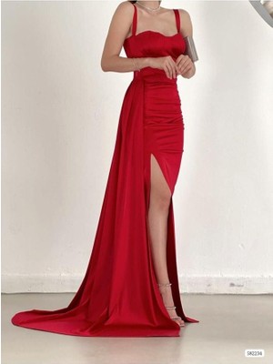 Woolnclyde Kadın Beyaz Kalp Yaka Omzu Açık Askılı Glop Yırtmaçlı Balık Uzun Maxi Boy Saten Kumaş Abiye Elbise