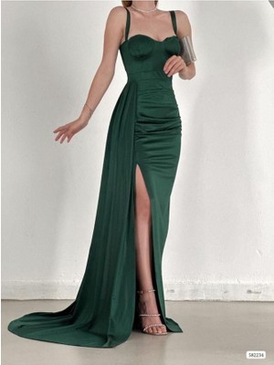 Woolnclyde Kadın Beyaz Kalp Yaka Omzu Açık Askılı Glop Yırtmaçlı Balık Uzun Maxi Boy Saten Kumaş Abiye Elbise