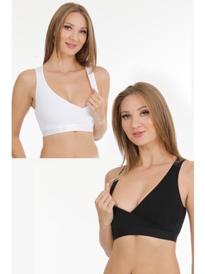 Parlingerie Siyah-Beyaz Emzirme Sporcu Büstiyeri 2'li Set Yumuşak Pamuklu Organik Kumaş