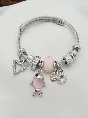 Ankı Tasarım Ankı Pembe Sedef Balık Charm'lı Model Çelik Bileklik Hematit Doğal Taş ile Şık Tasarım