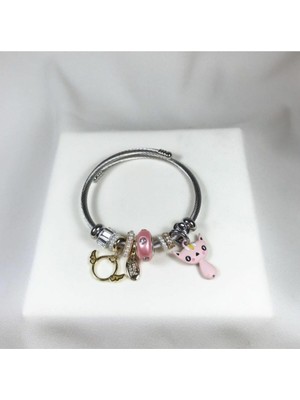 Ankı Kadın Gümüş Model Kedi Kanat Charmlı Çelik Bileklik