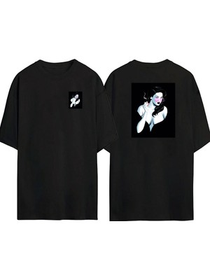 The Wert  Pembe Gözlüklü Kadın Ön Arka Baskılı Sıyah Oversize T-Shirt