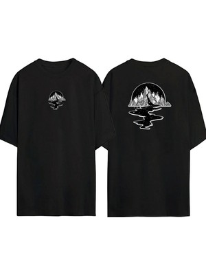 The Wert  Dağ ve Gökyüzü Yıldızlar Ön Arka Baskılı Sıyah Oversize T-Shirt