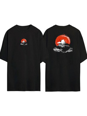 The Wert  Japon Yanar Dağ Ön Arka Baskılı Sıyah Oversize T-Shirt