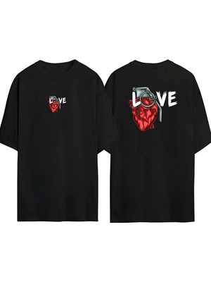 The Wert  Love Kalp Ön Arka Baskılı Sıyah Oversize T-Shirt