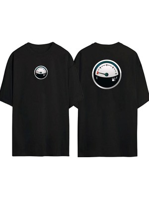 The Wert  Mavi ve Beyaz Yakıt Göstergesi Illüstrasyon Ön Arka Baskılı Sıyah Oversize T-Shirt