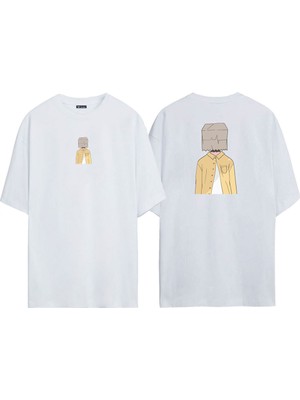 The Wert  Box Head Man Ön Arka Baskılı Beyaz Oversize T-Shirt