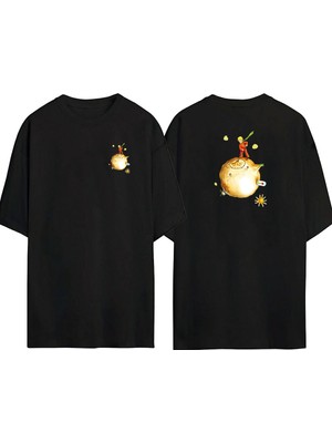 The Wert  Küçük Prens Sarı Gezegen Ön Arka Baskılı Sıyah Oversize T-Shirt