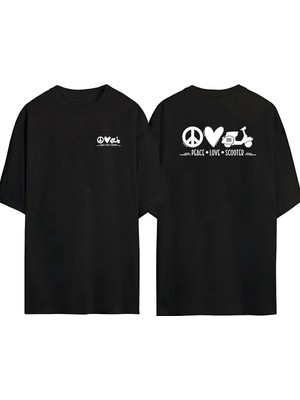 The Wert  Peace Love Scooter Ön Arka Baskılı Sıyah Oversize T-Shirt