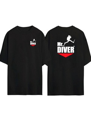 The Wert  Tüplü Dalış Mr. Dıver Ön Arka Baskılı Sıyah Oversize T-Shirt