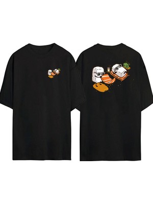 The Wert  Güneşlenen Sushi Ön Arka Baskılı Sıyah Oversize T-Shirt
