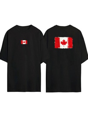 The Wert  Kanada Bayrağı Ön Arka Baskılı Sıyah Oversize T-Shirt