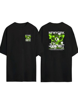 The Wert  New York Sttreetart Buterfly Ön Arka Baskılı Sıyah Oversize T-Shirt