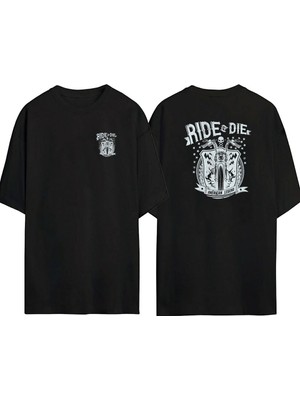 The Wert  Ride ve Die Motosiklet Ön Arka Baskılı Sıyah Oversize T-Shirt