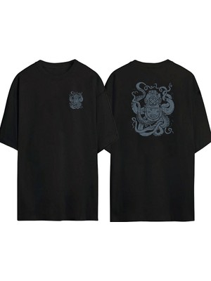 The Wert  Sualtı Dalış Kask Çizim Ön Arka Baskılı Sıyah Oversize T-Shirt