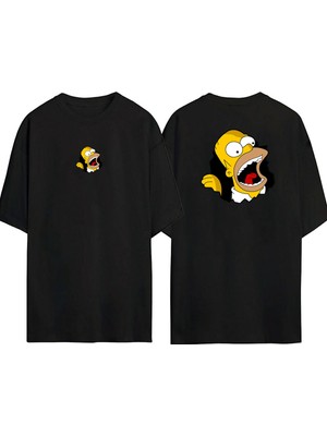 The Wert  Homer Simpson Ön Arka Baskılı Sıyah Oversize T-Shirt
