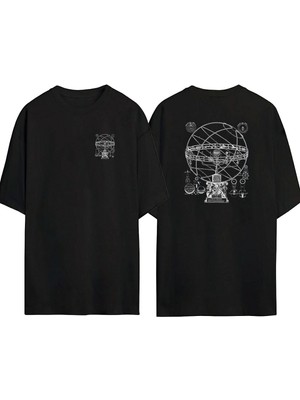 The Wert  Armillary Küre  Ön Arka Baskılı Sıyah Oversize T-Shirt
