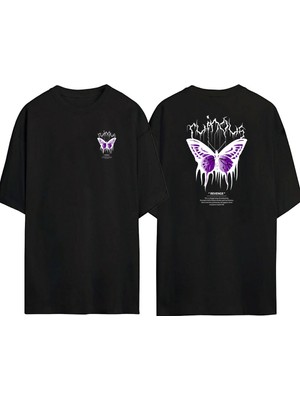 The Wert  Revenge, Mor Kelebek Ön Arka Baskılı Sıyah Oversize T-Shirt