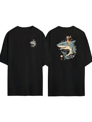 The Wert  Samuray Cat Köpek Balığı Ön Arka Baskılı Sıyah Oversize T-Shirt