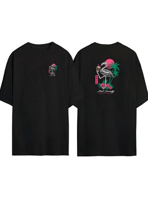 The Wert  Japon Filamingo Ön Arka Baskılı Sıyah Oversize T-Shirt