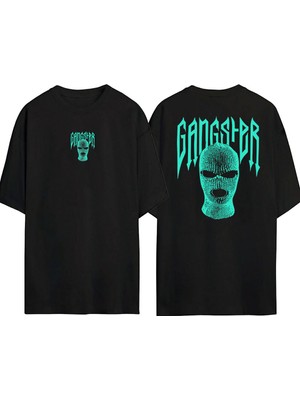 The Wert  Yeşil Gangster Maske Ön Arka Baskılı Sıyah Oversize T-Shirt