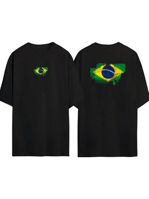 The Wert  Brezilya Bayrağı Ön Arka Baskılı Sıyah Oversize T-Shirt