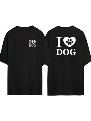 The Wert  Köpekleri Seviyorum Ön Arka Baskılı Sıyah Oversize T-Shirt