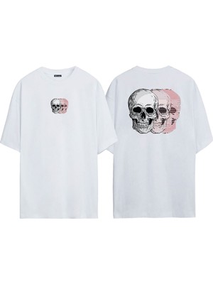 The Wert  Üç Kuru Kafa Ön Arka Baskılı Beyaz Oversize T-Shirt
