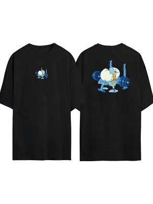The Wert  Spor Yapan Kırık Yumurta Ön Arka Baskılı Sıyah Oversize T-Shirt