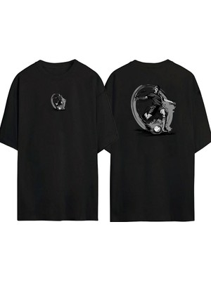 The Wert  Futbol Oyuncu Çizim Ön Arka Baskılı Sıyah Oversize T-Shirt