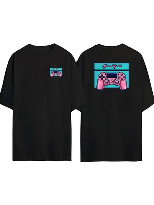 The Wert  Pembe Oyun Konsolu Ön Arka Baskılı Sıyah Oversize T-Shirt