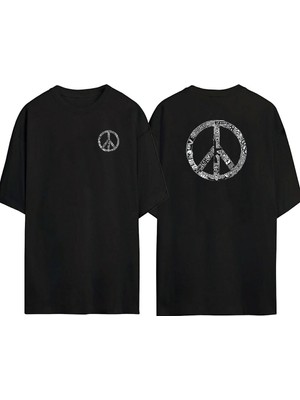 The Wert  Peaceful Symbol Ön Arka Baskılı Sıyah Oversize T-Shirt