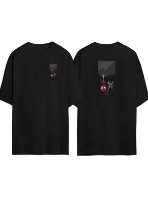 The Wert  Spider And Bat Ön Arka Baskılı Sıyah Oversize T-Shirt