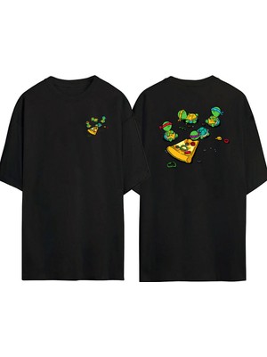 The Wert  Ninja Kaplumbağalar ve Pizza Ön Arka Baskılı Sıyah Oversize T-Shirt