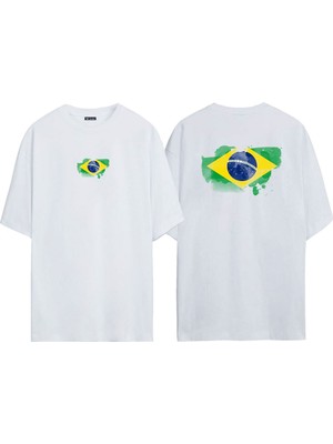 The Wert  Brezilya Bayrağı Ön Arka Baskılı Beyaz Oversize T-Shirt