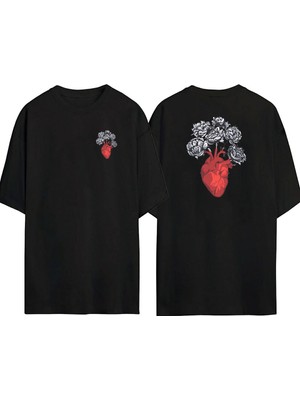 The Wert  Heart With Fading Flowers Ön Arka Baskılı Sıyah Oversize T-Shirt