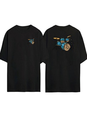 The Wert  Mavi ve Sarı Akustik Davul Ön Arka Baskılı Sıyah Oversize T-Shirt