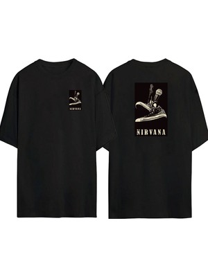 The Wert  Nırvana, Microphone And Shoes Ön Arka Baskılı Sıyah Oversize T-Shirt