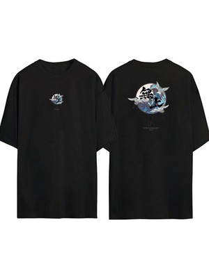 The Wert  Japon Leylekler Ön Arka Baskılı Sıyah Oversize T-Shirt