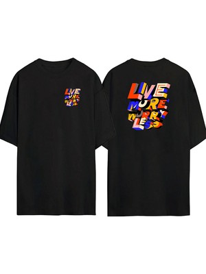 The Wert  Live More Worry Less Ön Arka Baskılı Sıyah Oversize T-Shirt